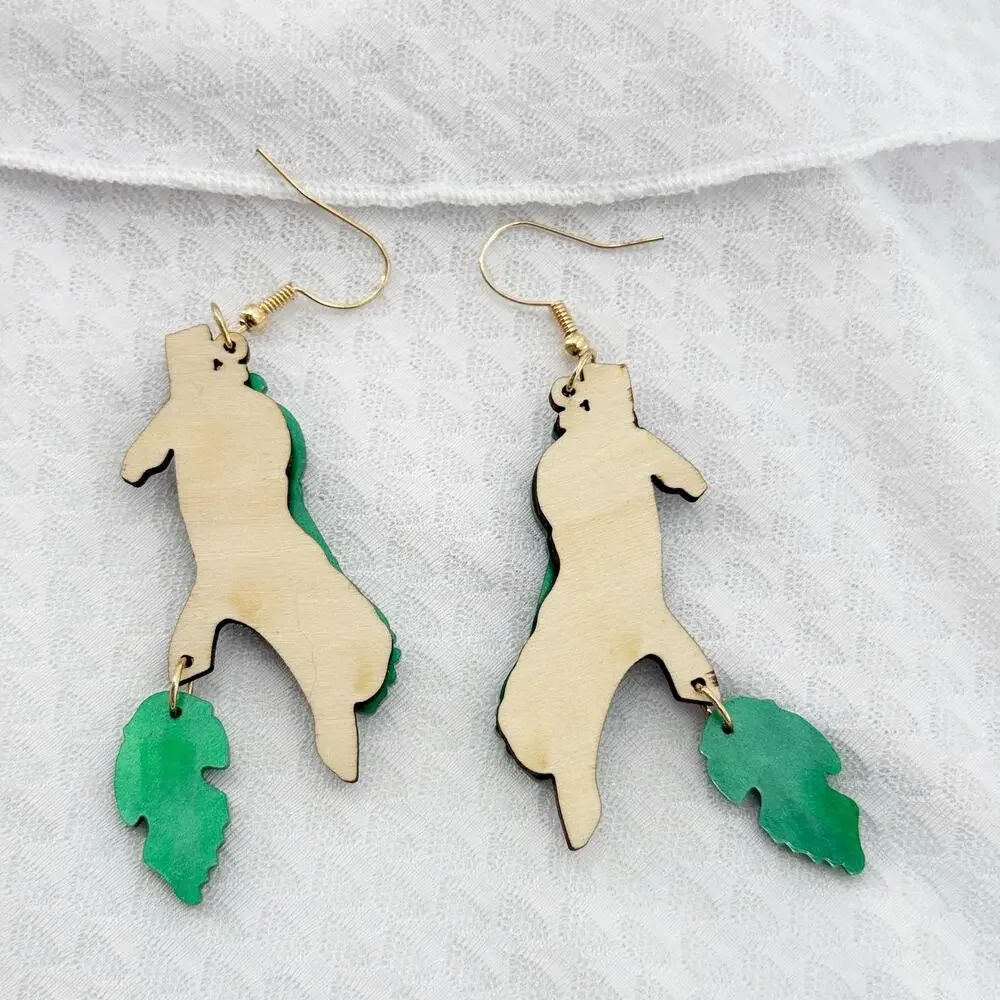 Caterpillar with Leaf Wooden Dangle Earrings, Caterpillar Earrings, Bug Earrings